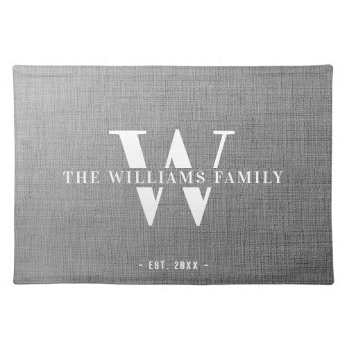 Modern Monogram Family Name Vintage Grey Linen Cloth Placemat