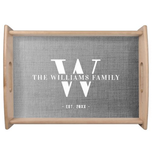 Modern Monogram Family Name Vintage Grey Linen Serving Tray