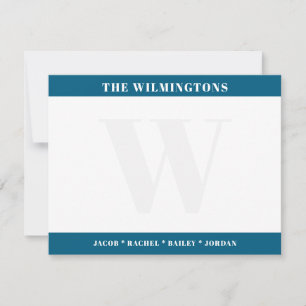 Modern Monogram & Family Names Blue Stationery Note Card