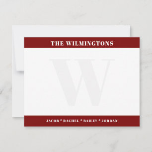 Modern Monogram Family Names Dark Red Stationery Note Card