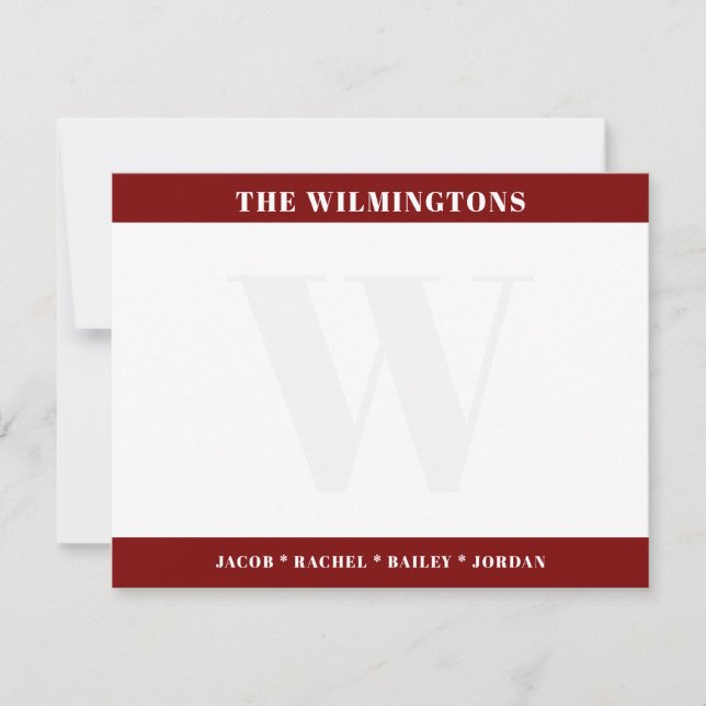 Modern Monogram Family Names Dark Red Stationery Note Card (Front)