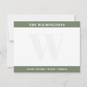 Modern Monogram Family Names Sage Green Stationery Note Card
