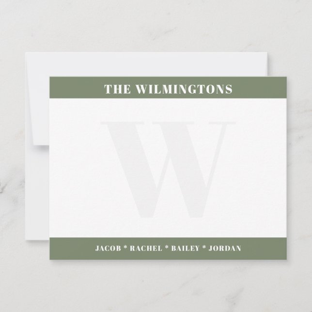Modern Monogram Family Names Sage Green Stationery Note Card (Front)