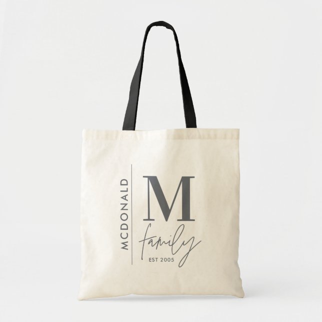 Modern monogram family navy gray stylish matching tote bag (Front)