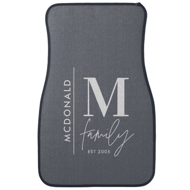 Modern monogram family navy grey stylish elegant car floor mat (Front)
