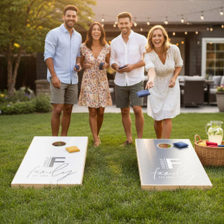 Modern monogram family navy grey stylish elegant cornhole set
