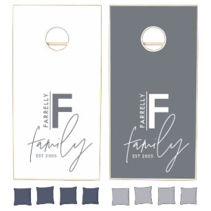 Modern monogram family navy grey stylish elegant cornhole set