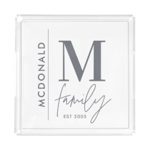 Modern monogram family navy grey stylish matching  acrylic tray