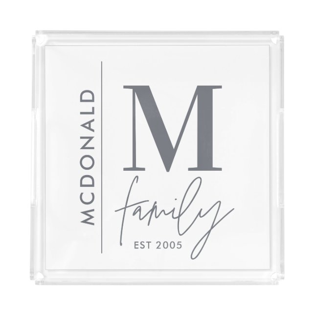 Modern monogram family navy grey stylish matching  acrylic tray (Front)