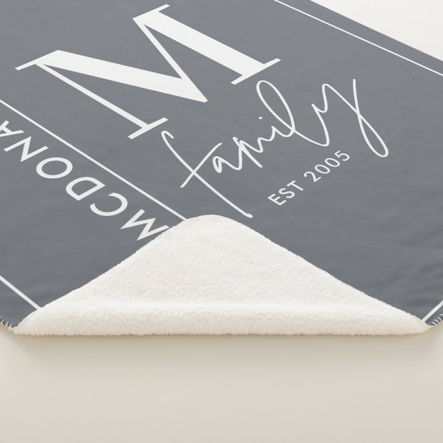 Modern monogram family navy grey stylish  sherpa b sherpa blanket (3/4)