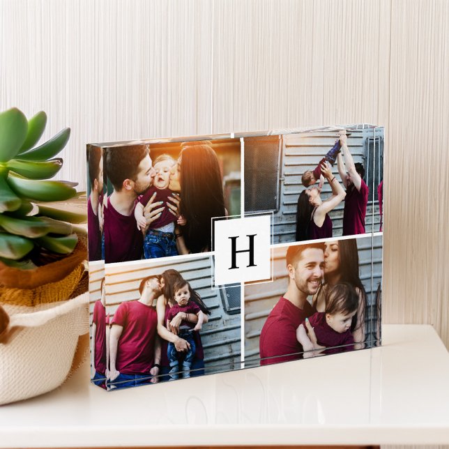 Modern Monogram Family Photo Collage Block (Creator Uploaded)