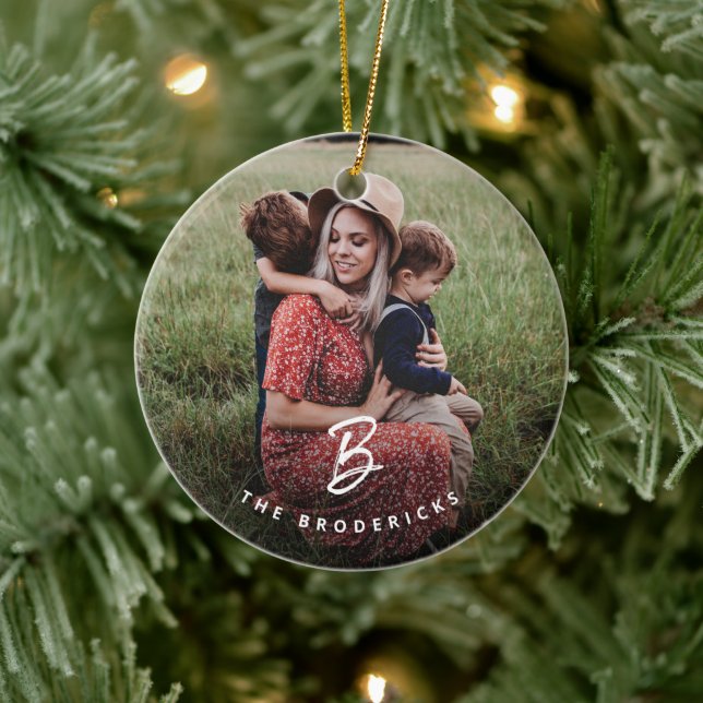 Modern Monogram Family Photo Holiday Christmas Ceramic Ornament (Tree)