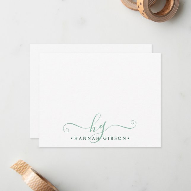 Modern Monogram Fancy Script Initials Green Note Card (Front/Back In Situ)