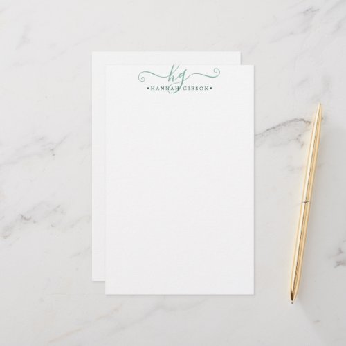 Modern Monogram Fancy Script Initials Green Stationery