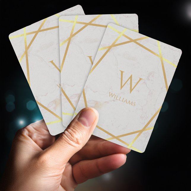 Modern Monogram Faux Gold Foil Lines White Marble Poker Cards (Creator Uploaded)
