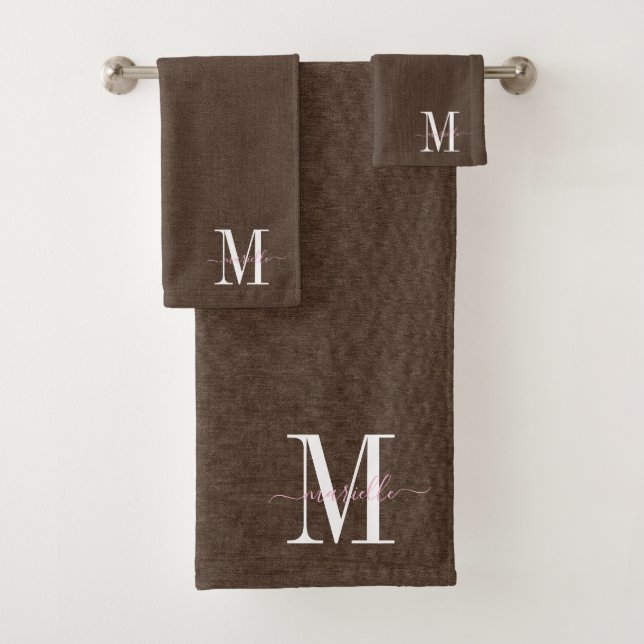 Modern Monogram Faux Linen Dark Brown  Bath Towel Set (Insitu)
