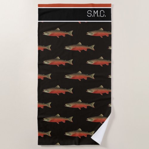Modern Monogram Fish Salmon Design Black White Red Beach Towel
