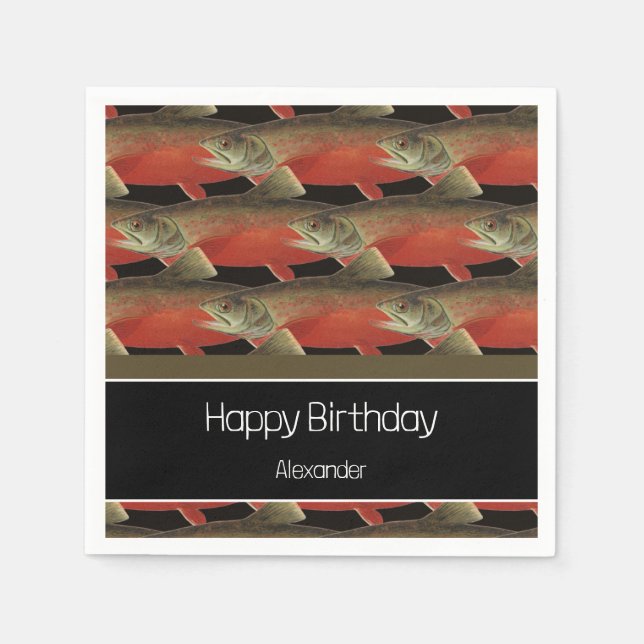 Modern Monogram Fish Salmon Design Black White Red Napkins (Front)