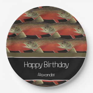 Modern Monogram Fish Salmon Design Black White Red Paper Plates