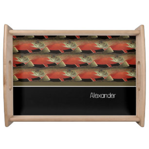 Modern Monogram Fish Salmon Design Black White Red Serving Tray