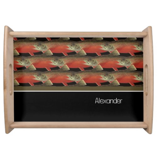 Modern Monogram Fish Salmon Design Black White Red Serving Tray