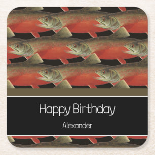 Modern Monogram Fish Salmon Design Black White Red Square Paper Coaster