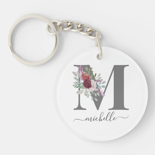 Modern Monogram Floral Initial Name Keychain