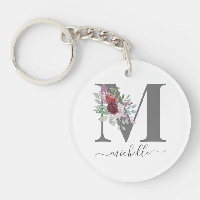 Modern Monogram Floral Initial Name Keychain (Front)