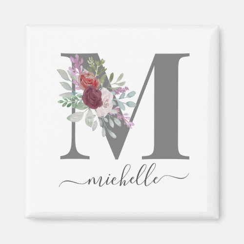 Modern Monogram Floral Initial Name Magnet