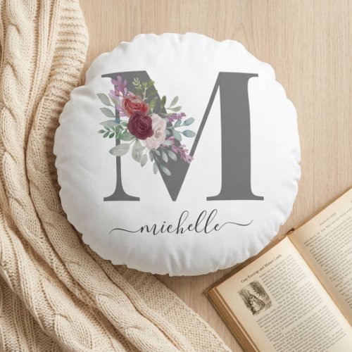 Modern Monogram Floral Initial Name Round Pillow