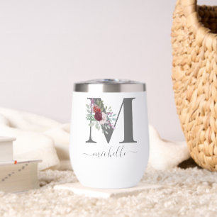Modern Monogram Floral Initial Name Thermal Wine Tumbler