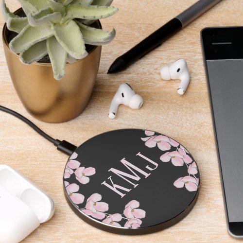 Modern Monogram Floral Pink Cherry Blossom Bouquet Wireless Charger