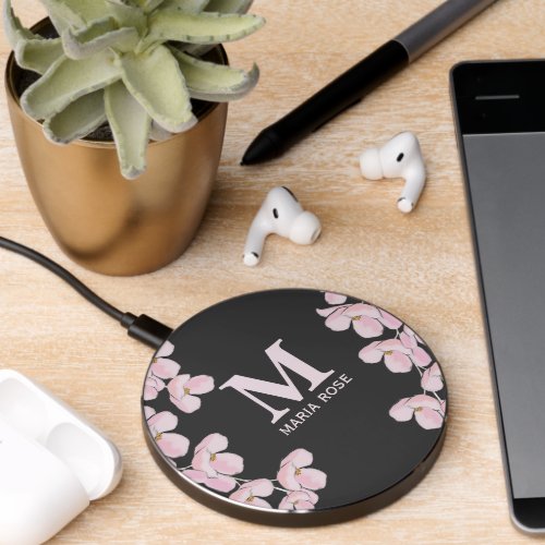 Modern Monogram Floral Pink Cherry Blossom Bouquet Wireless Charger