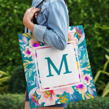 Modern Monogram Floral  Teal Elegant Tote Bag by girlygirlgraphics at Zazzle