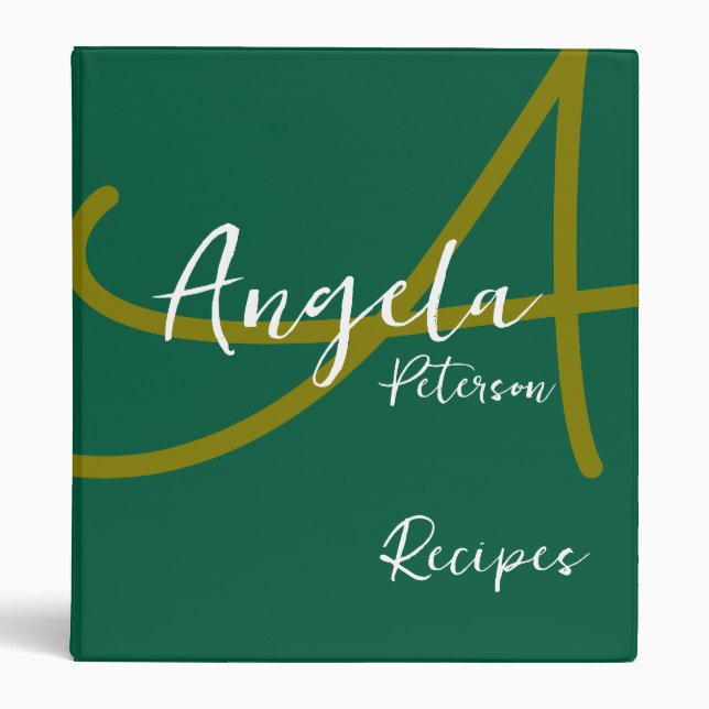 Modern Monogram for Chef Recipes GREEN 3 Ring Binder (Front)