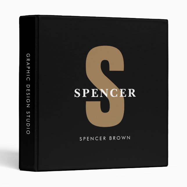 Modern Monogram For Him Black Gold Office School 3 Ring Binder (Front/Spine)