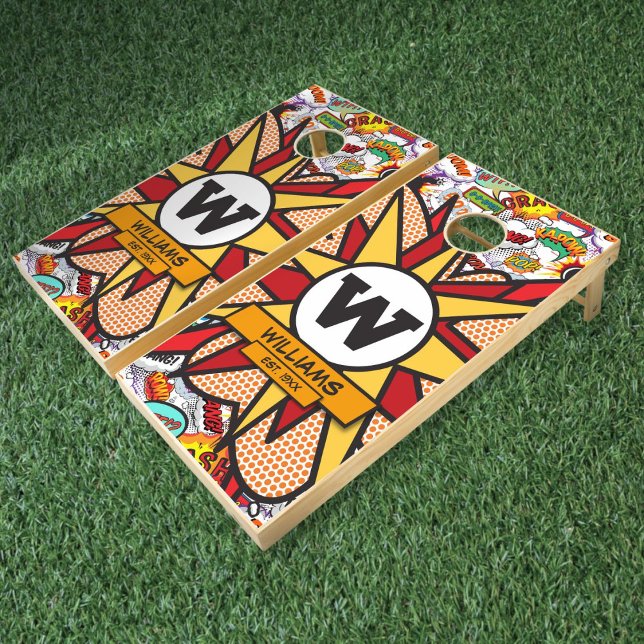 Modern Monogram Fun Comic Book Family Name Cornhole Set (Modern Monogram Fun Comic Book Family Name Cornhole Set)