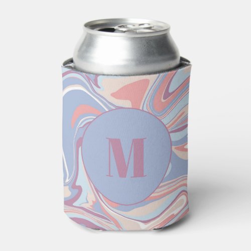 Modern Monogram Funky Pink Blue Marble Pattern Can Cooler