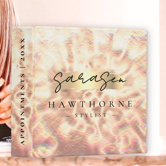 Modern Monogram Girly Rose Gold Opal Holographic 3 Ring Binder (Creator Uploaded)