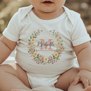 Modern Monogram Girly Rose Wreath Personalized Baby Bodysuit