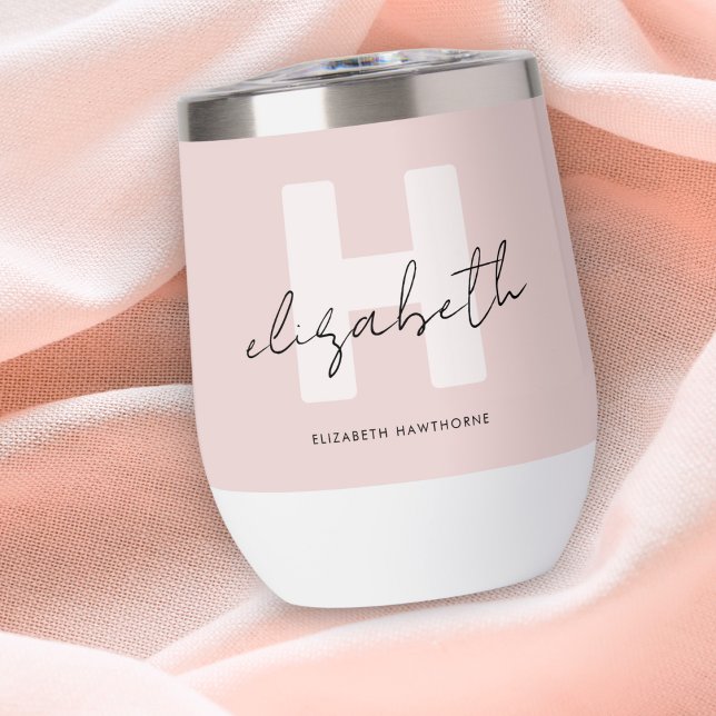 Modern Monogram Girly Script Blush Pink Bridesmaid Thermal Wine Tumbler (Creator Uploaded)