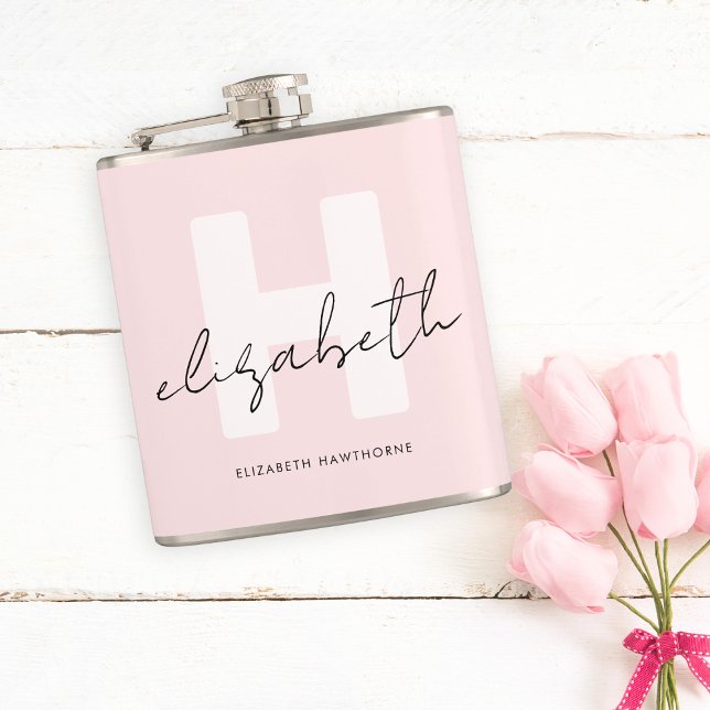 Modern Monogram Girly Script Blush Pink Initial Flask (Creator Uploaded)