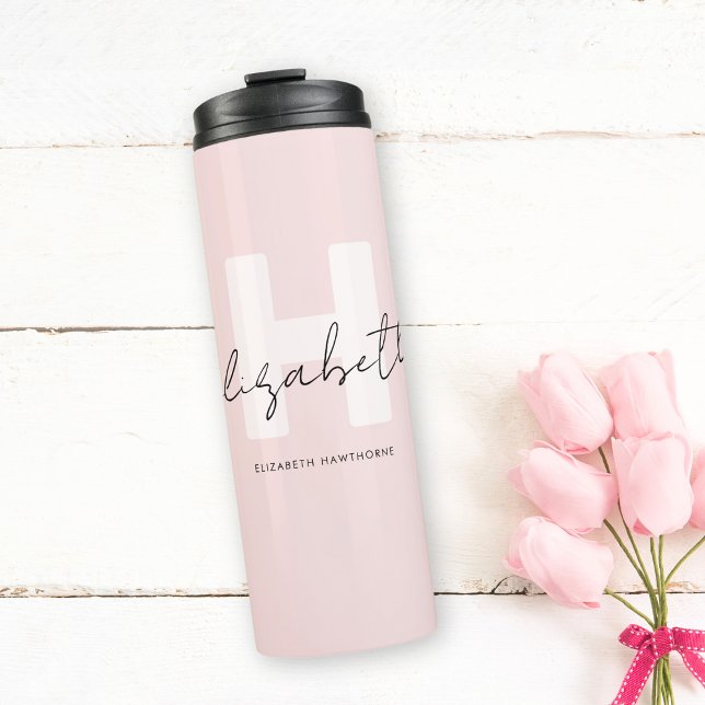 Modern Monogram Girly Script Blush Pink Initial Thermal Tumbler (Creator Uploaded)