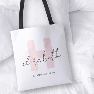 Modern Monogram Girly Script Blush Pink Initial Tote Bag