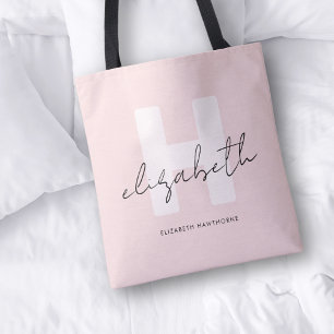 Modern Monogram Girly Script Blush Pink Initial Tote Bag