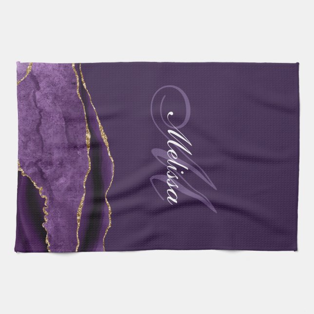 modern monogram gold and purple agate kitchen towel (Horizontal)