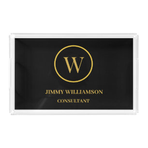 Modern Monogram Gold Black Business Acrylic Tray