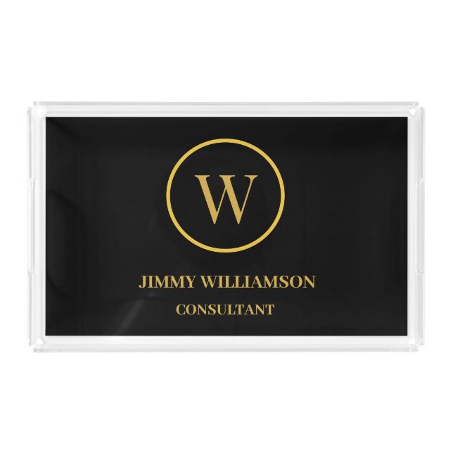 Modern Monogram Gold Black Business Acrylic Tray (Front)