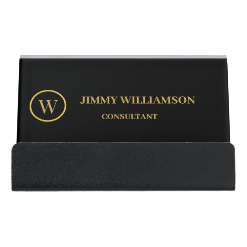 Modern Monogram Gold Black Business Business Card Desk Business Card Holder