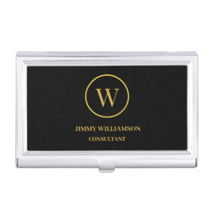 Modern Monogram Gold Black Business Card Case